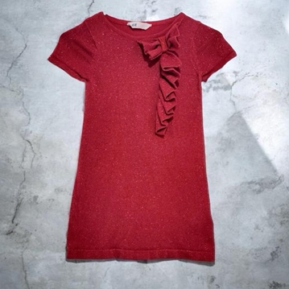 H&M Girl Red Sparkly Glitter Dress With Bow and Ruffle